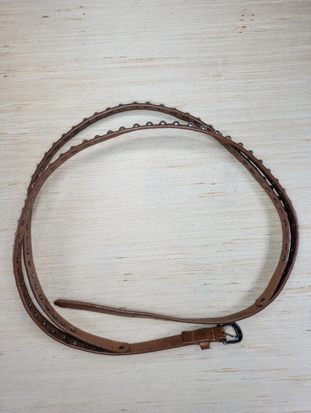 Cobalt Brown Italian Leather Double Layer Skinny Metal Studded Belt M/L